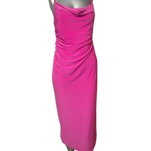 Zara Fuchsia Body-con Drape Neck Midi Ruched Camisole Dress, Small